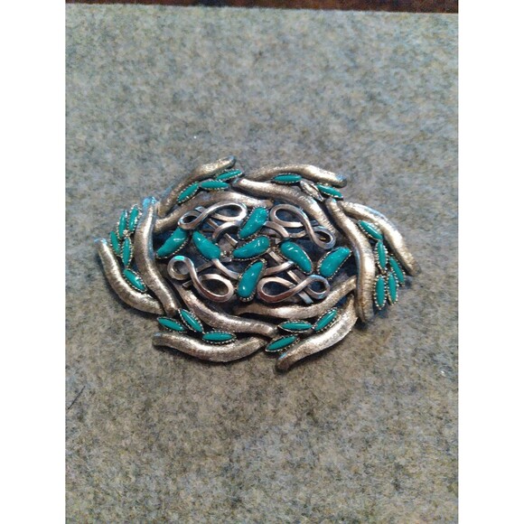Vintage Turquoise Brooch Pin Silver Tone Statement Jewelry Gift‎ For Her - Picture 2 of 3